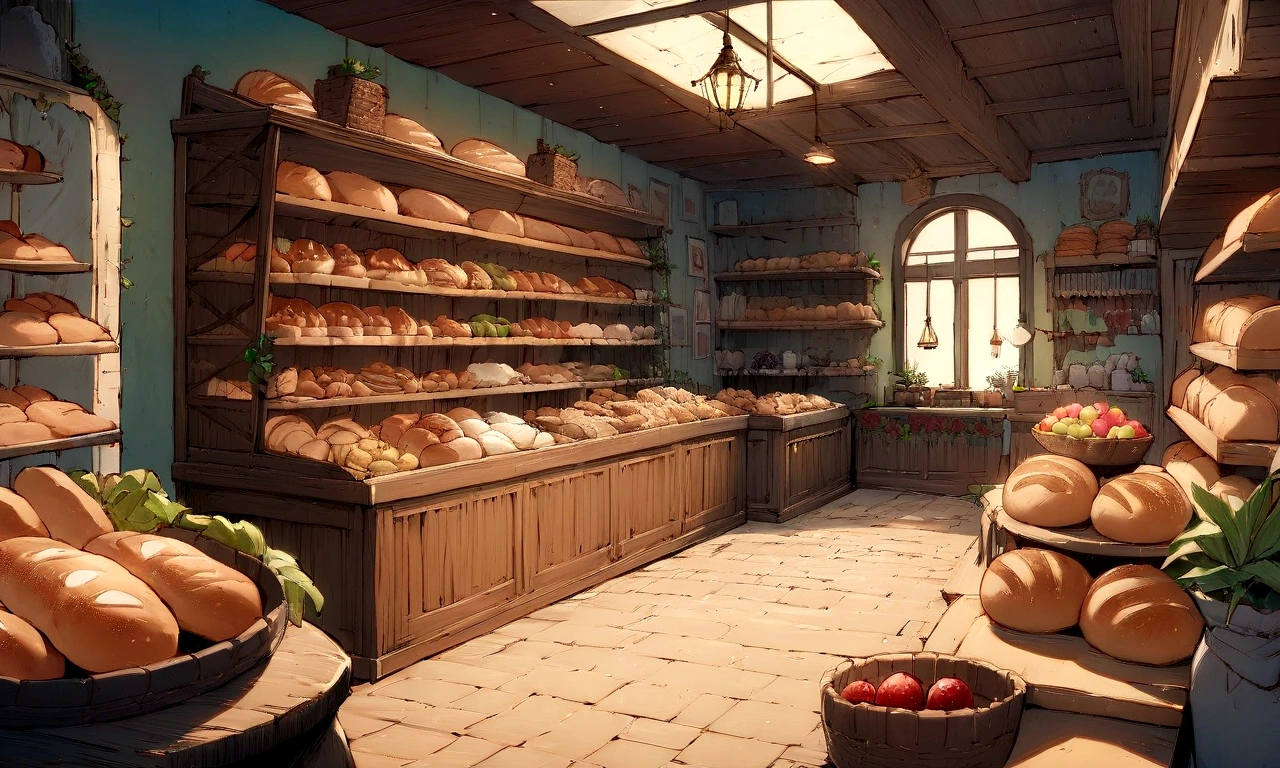 ((((masterpiece, Highest quality, High resolution)))),High detail, manga，anime，Illustration Style，Use of bright colors，Ghibli Studio，Similar to the colors used in daytime scenes, Game fantasy world view,RPG世界のbakery, Extremely detailed 8K, High detail, L-shaped shelf,bakery,Lots of delicious looking bread,cake,Prepared foods,カップcake,Small loaf of bread,Bread topped with colorful vegetables,bakeryの店内,indoor,Shelves lined with bread,人気のあるbakery,小さいbakery,可愛いbakery,flower々Potted plant.