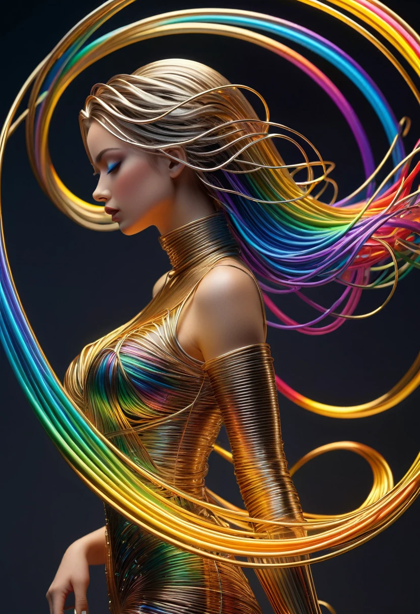 (line art:1.5)，colored lines，a beautiful girl,model shoot style,abstract paintings, (Extremely detailed CG unified 8k wallpapers), A chaotic storm of lines emerges from a complex rainbow of smoke overhead., Stylized abstract portrait of a beautiful girl,Heavy metal style，postmodern industrial style，ultra-realistic realism，Image of a beautiful woman sculpture made of fine metal wire, golden curve structure, Woman sculpture made of wire., Spiral dripping gold, Composition of metal curve., winding streets, abstract female sculpture, Small jacuzzis, abstract sculpture, spin, turned, complex metal wires, spirals, long exposure photos, elegant line, complex light