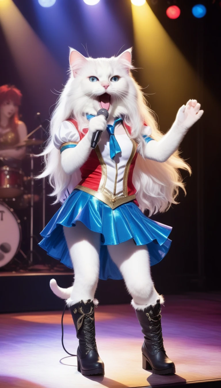 A long-haired white female cat, wearing an idol costume with a skirt and boots, is singing on stage holding a microphone. The stage is illuminated with dazzling lights.