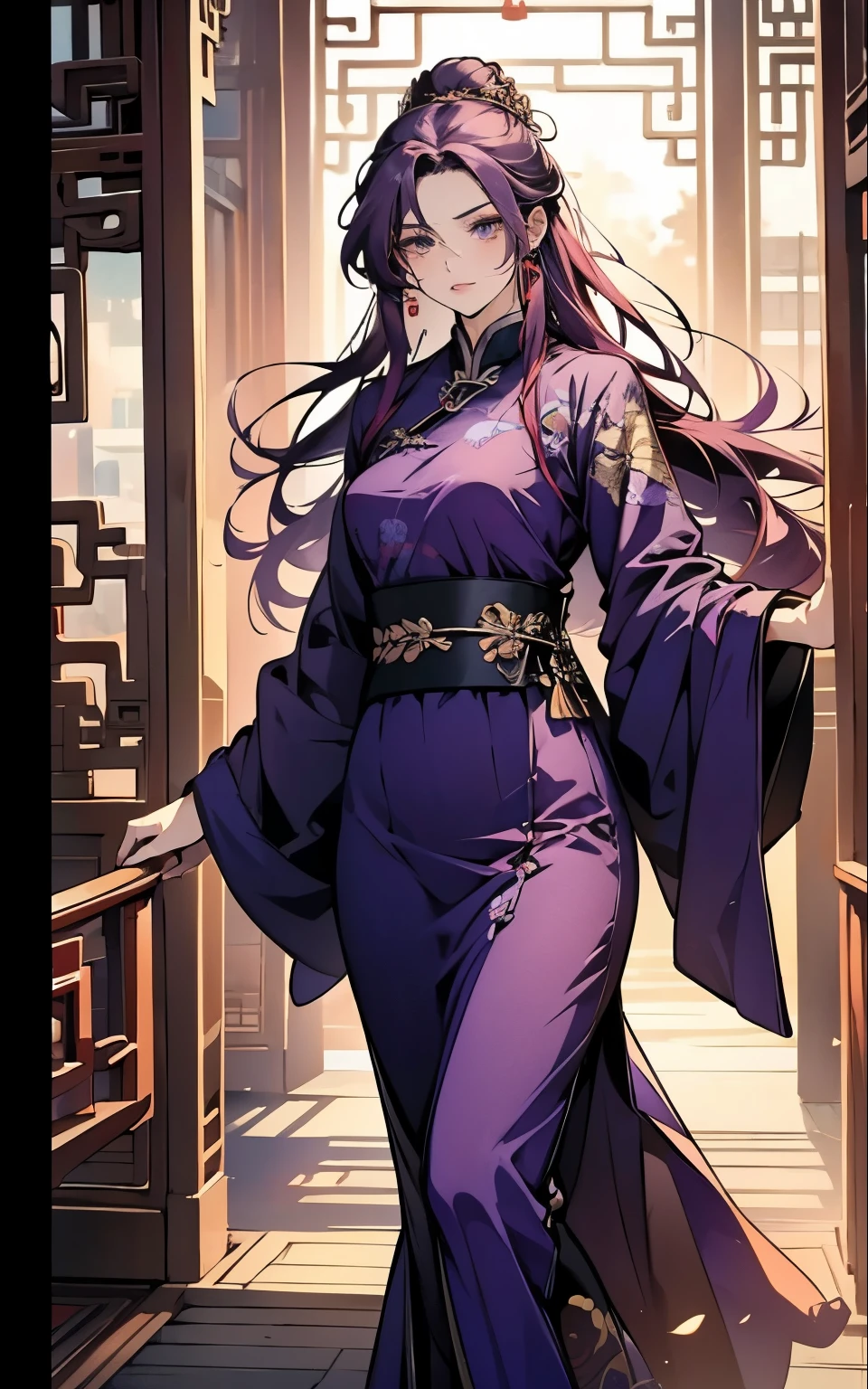 1 middle-aged women, (45 years old), long purple hair, blue eyes, chinese clothes, (!PURPLE! clothes, ultra long skirt ), walking chinese room, portrait
