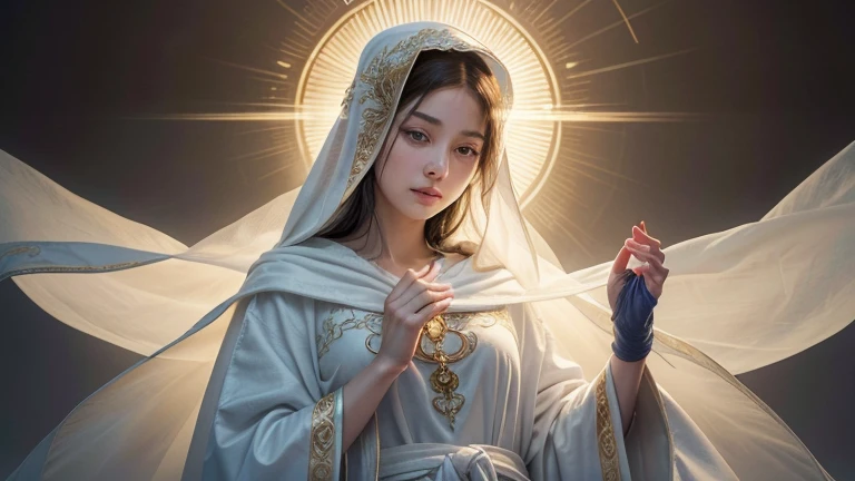 a high definition image of Our Lady represented in a traditional and serene way. She should be shown wearing a flowing blue robe with a white dress underneath., symbolizing purity and peace. Your head must be covered with a veil, a cloak of peace and she must have a golden halo around her head, emphasizing his holiness. Our Lady must be standing gracefully with her hands open in a gesture of blessing or prayer. The background should be smooth and ethereal, perhaps with a subtle glow or rays of light emanating from behind it. Include delicate details, like subtle embroidery on your robes and a peaceful expression on your face.
