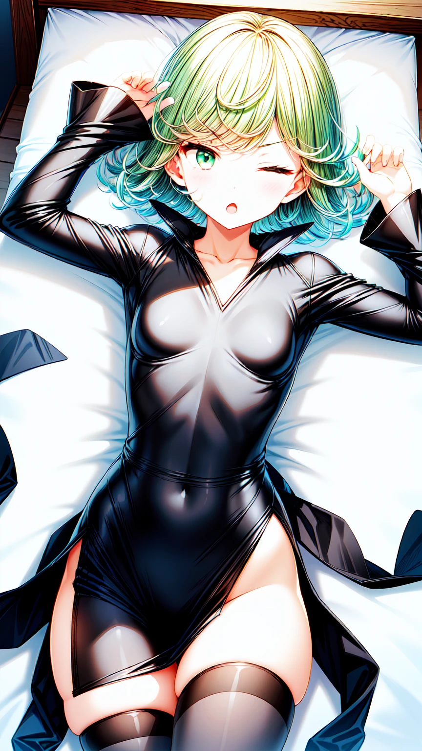 1girl, solo, small breasts, tatsumaki, black dress, long sleeves, embarrassed, ;o, one eyes closed, on bed, lying, thigh gap, arm behind, knee highs
