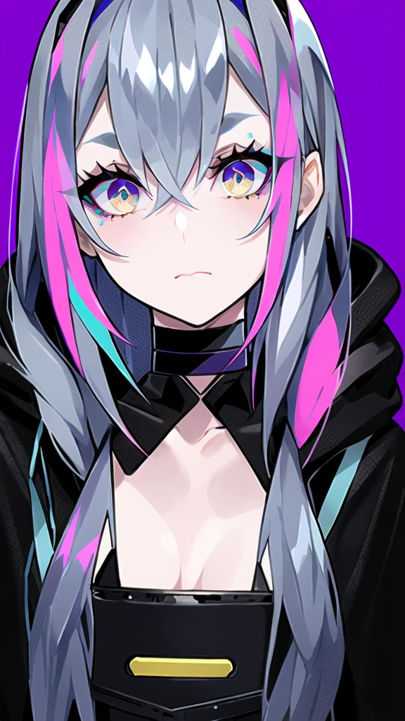 lam \(ramdayo\), 1girl, black choker, blue eyes, blue hair, choker, covered mouth, eyebrows hidden by hair, grey hair, hair between eyes, hood, hood down, liquid hair, looking at viewer, multicolored eyes, multicolored hair, pink eyes, pink hair, portrait, simple background, solo, yellow background, ((masterpiece))