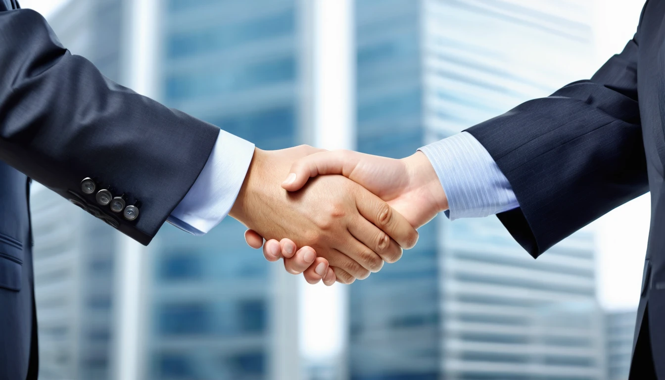 
Handshake between executives from two companies, symbolizing a successful partnership or collaboration. Realistic.