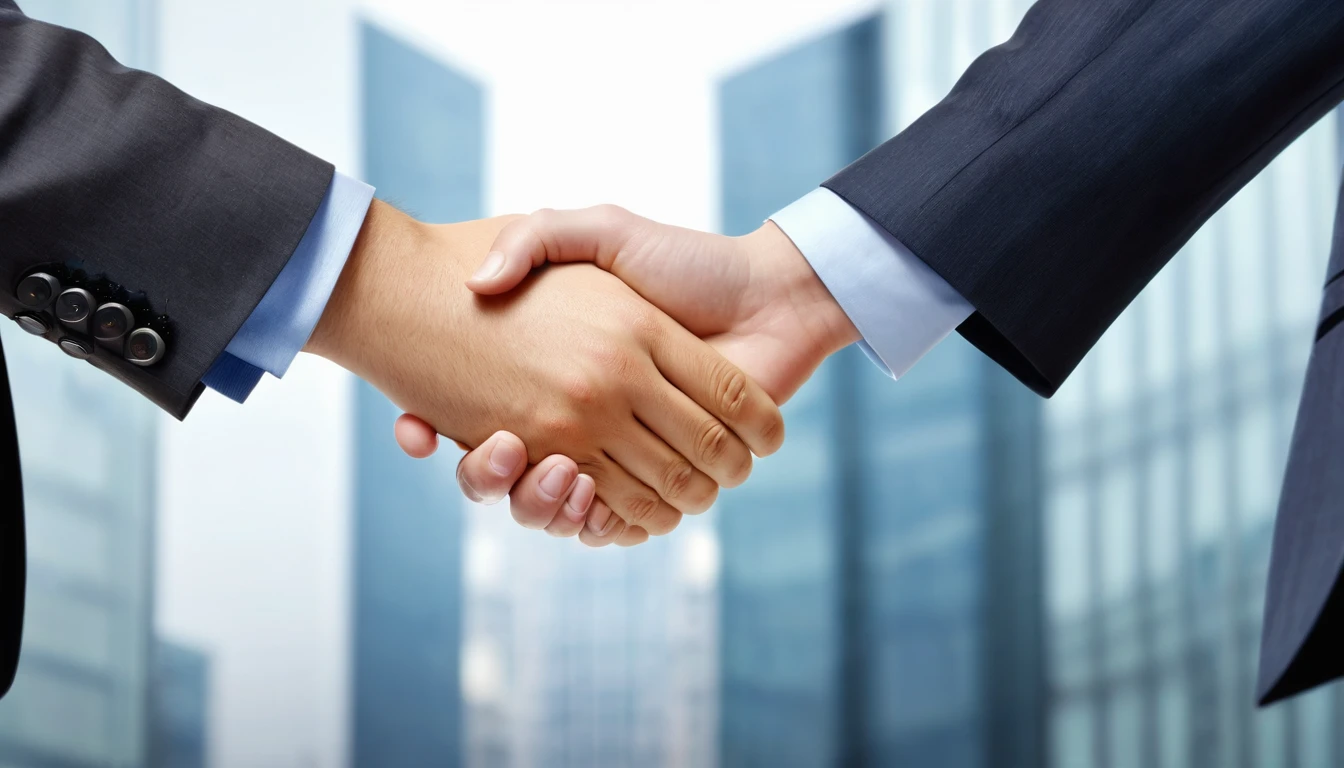 Handshake between executives from two companies, symbolizing a successful partnership or collaboration. Realistic.