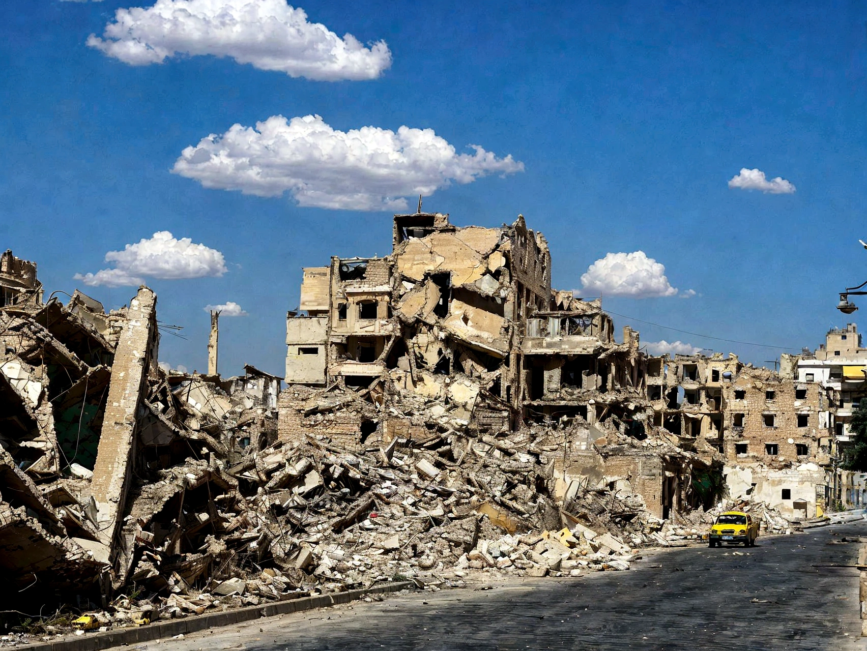 arafed building in the middle of a city with a yellow car driving down the road, destroyed buildings, ruined city in background, destroyed modern buildings, destroyed city in the background, outdoors ruined cityscape, ruined city in the background, collapsed buildings, damaged buildings, in a ruined cityscape, wrecked buildings, destroyed city, ruined cityscape, building destroyed, ruined town