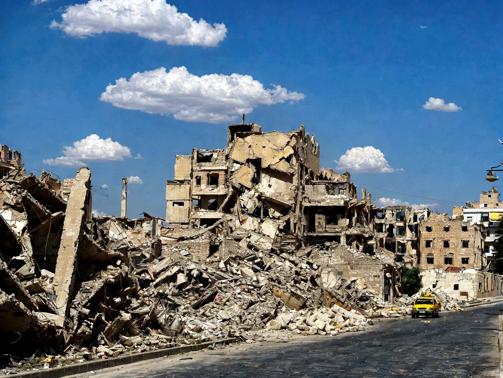 arafed building in the middle of a city with a yellow car driving down the road, destroyed buildings, ruined city in background, destroyed modern buildings, destroyed city in the background, outdoors ruined cityscape, ruined city in the background, collapsed buildings, damaged buildings, in a ruined cityscape, wrecked buildings, destroyed city, ruined cityscape, building destroyed, ruined town