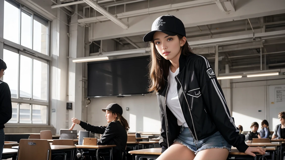 sexe entre deux femme sexy et mince de 18 ans , black short sleeve jacket, dans une salle de classe , casquette, ,jambe visible,se touche