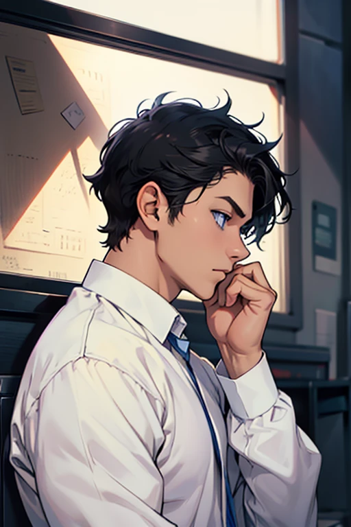 a handsome student, wearing white long sleeve, side view, stealing a glance, blue eyes, short black hair, contemplating expression, intricate details