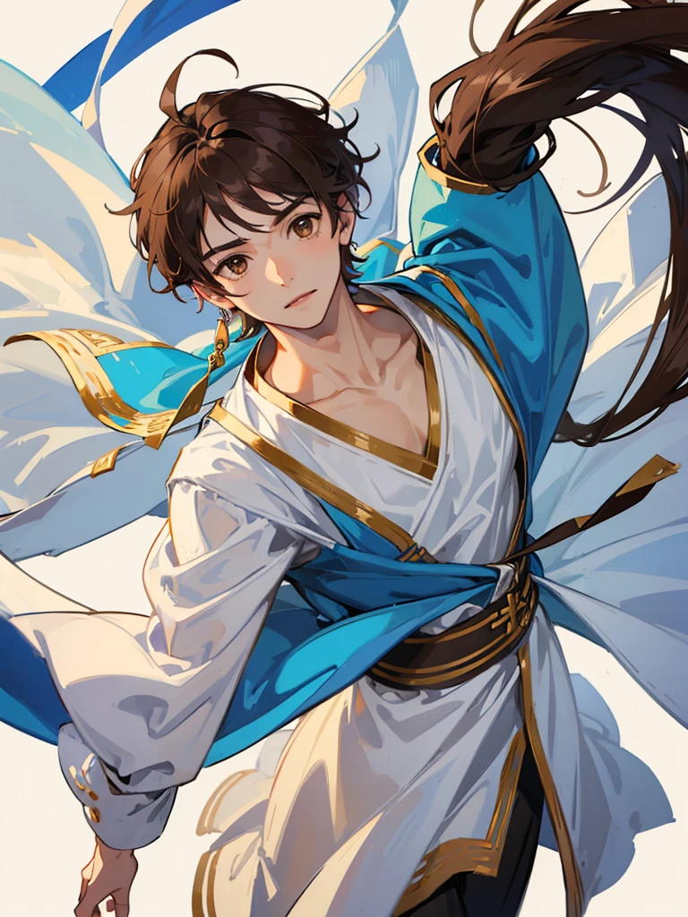 (((1male))), half body, facing viewer, short dark brown hair, brown eyes, cute, pretty, white Greek tunic, small penis,