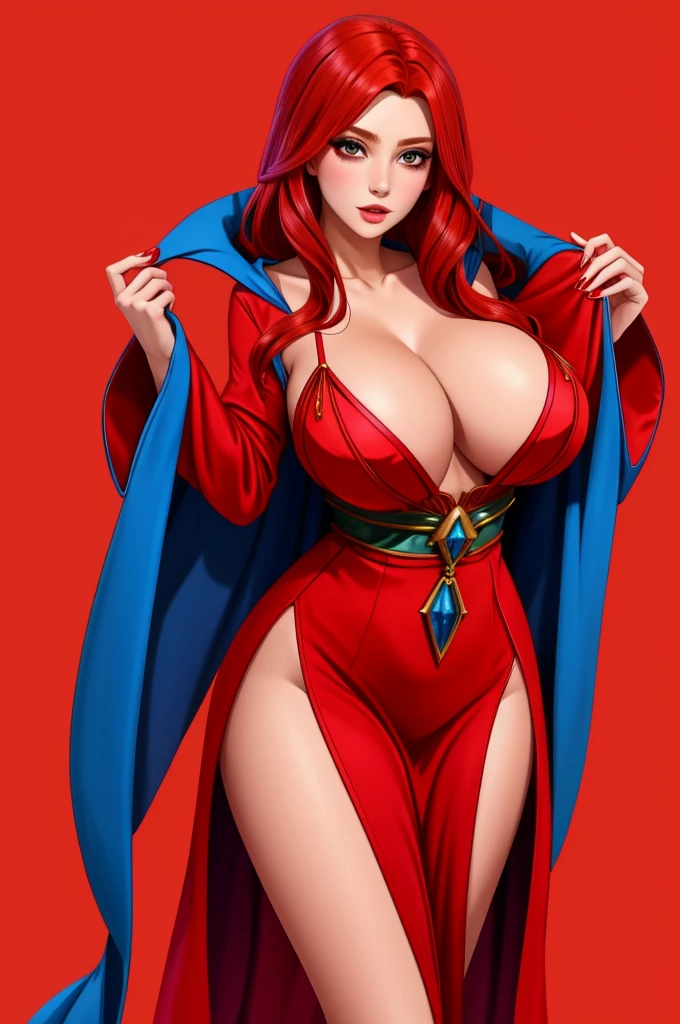 sorceress. sexy see-though robe, red hair, blank background