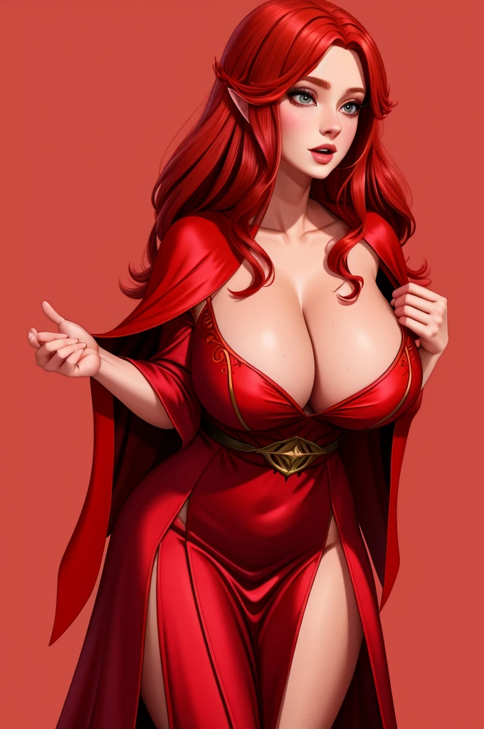 sorceress. sexy see-though robe, red hair, blank background