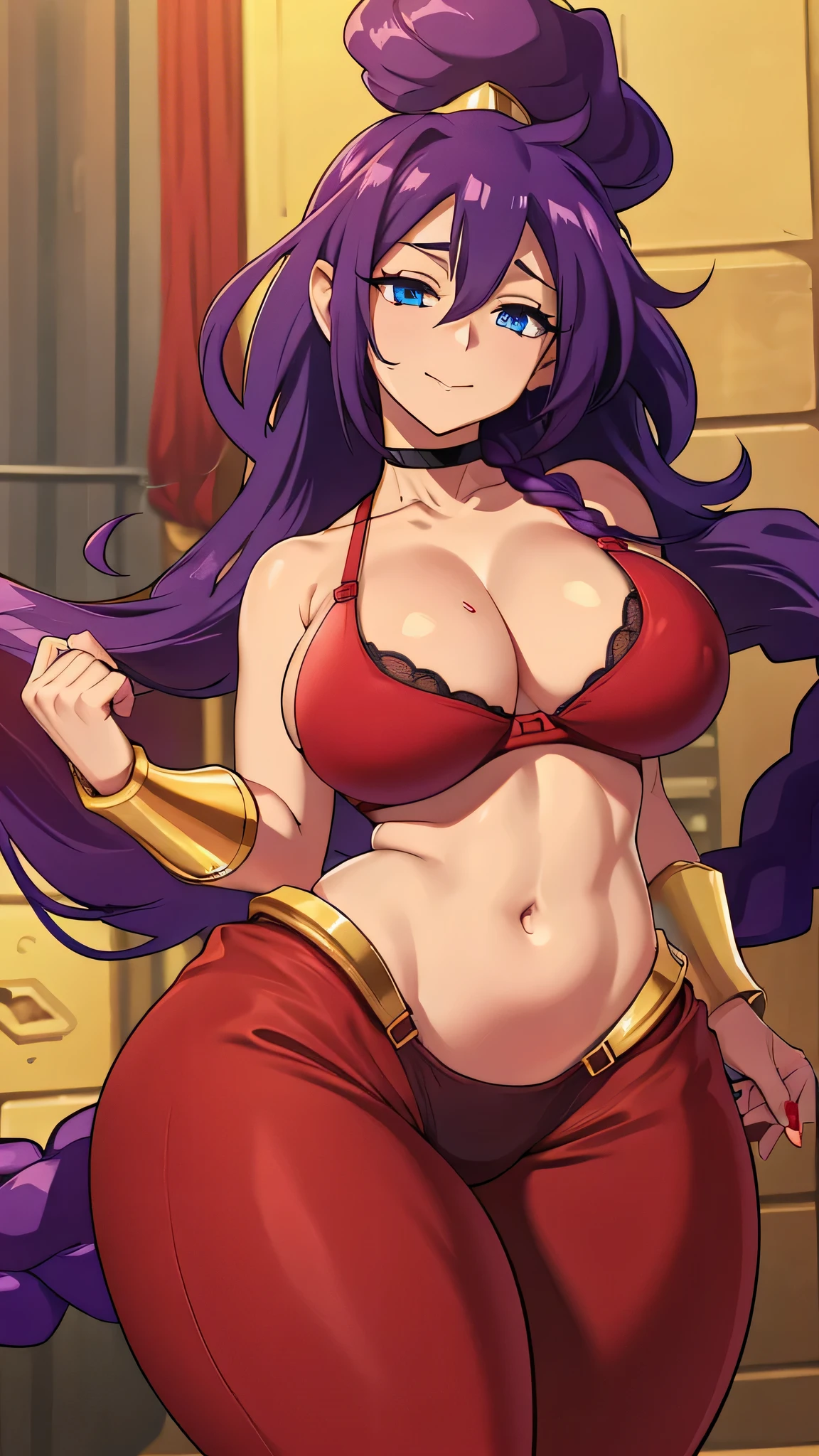  a sexy woman big breast long purple hair wavy braids wears red belly bra and long red pants Arabia happy