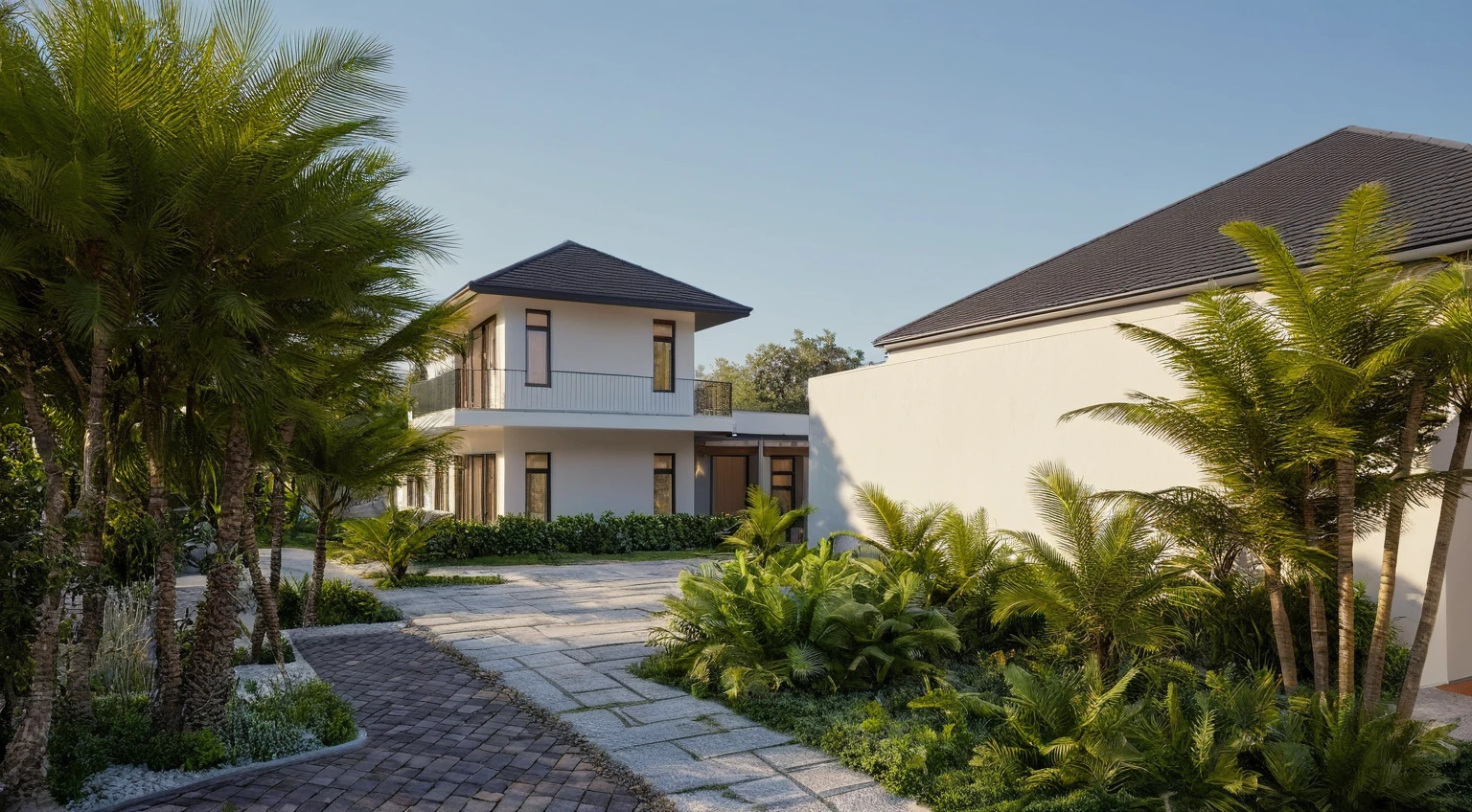 townhouse, (modern style:1.2), open roof top sky, exterior design, perspective view, (white wall:1.3), (block sidewalks and asphalt roads), (day sky background), Low trees around the house, (the house next door is lower than the subject designer's house), (mid day), (Neutral lighting is suitable for the townhouse, light color thermometer lighting), (architectural design visualization), (reflection), (focus on object), (material normal bump real reflection), (scattered light), (light ray), (multi-beam light), (sunbeam) (multi-level reflection), (chao vantage software visualization render),(((Best Quality))), ((Masterpiece)), ((best illustration)), ((best shadows)), ((Super Detail)), (Intricate lines), (Photorealism),(hyper detail), ((archdaily)), ((award winning design)), (dynamic light), ((day)), spotlight, (perfect light), (shimering light), ((photorealistic)), ((intricate detail)), ((extreme detail)), ((crazy detail)), ((octane render)), ((trending on artstation)), ((High-fidelity)), ((Viwvid)), ((Crisp)), ((Bright)), ((Stunning)), ((Eye-catching)), ((High-quality)),((Sharp))((Bright)), ((Stunning)), ((natural sun environment)), ((Eye-catching)), ((Illuminating)), ((Flawless)), ((High-quality)),((Sharp edge render)), ((medium soft lighting)), ((photographic render)), ((detailed archviz)), ((reality environment)), (modern townhouse design architectural design facade), (modern townhouse facade roof design), (modern townhouse facade wall design), (modern townhouse facade decoration material design) (townhouse facade door and window design modern), (environmental lighting design), (modern townhouse facade lighting design), (modern townhouse front gate and fence design), (Design lights for gate posts and fences), (townhouse facade railing design), (level of photo realism, depends on lighting, materials, composition, Real-Time Rendering, based on chao vantage timage rendering graphics software)