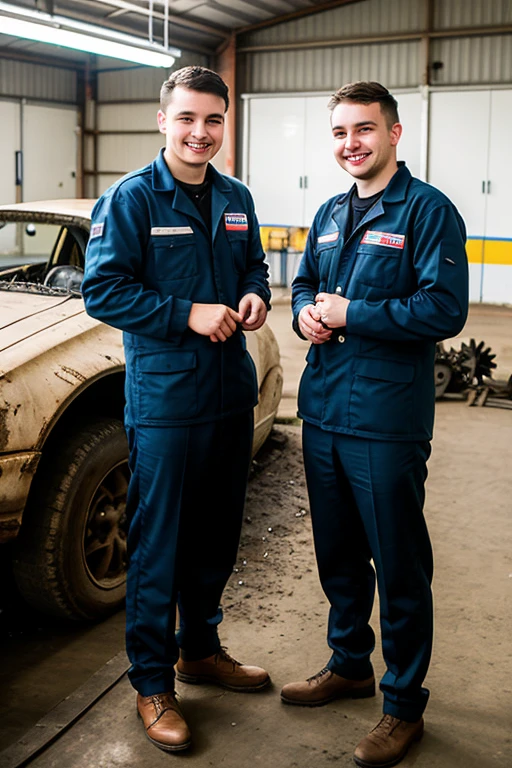 two students of a professional lyceum, Ukrainians, dressed in a car mechanic’s suit, smiling, dirt from machine oil on their cheeks, dismantling an engine in a training room