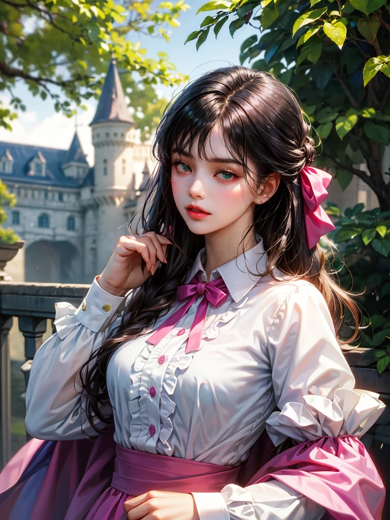She wears a white shirt long sleeves with fuchsia ribbon and a fuchsia shirt. Background a castle