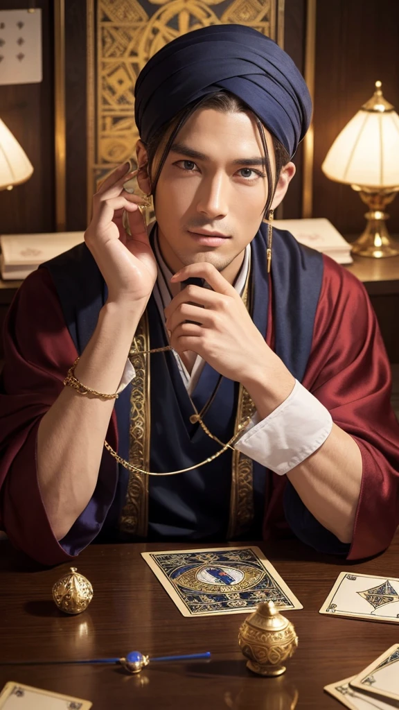 A very handsome male fortune teller is reading tarot cards。There are three cards face down on the desk.。front。