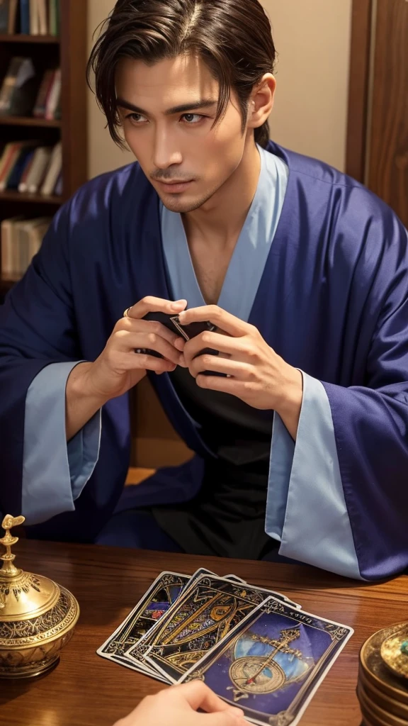 A very handsome male fortune teller is reading tarot cards。There are three cards face down on the desk.。front。