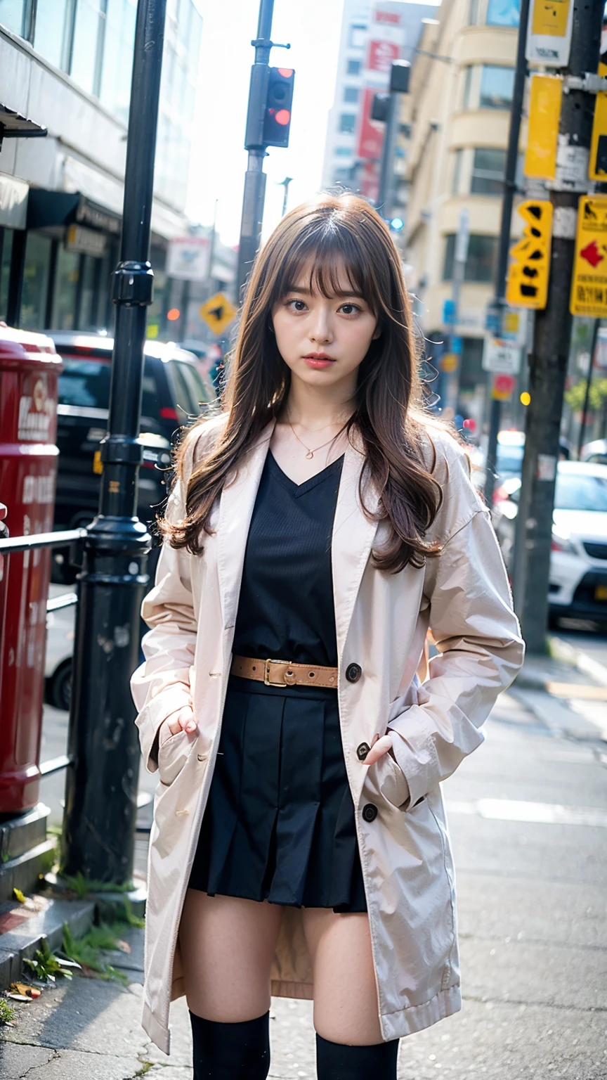 (8K、RAW Photos、Highest quality、masterpiece:1.2)、(Realistic、Photorealistic)、1 Girl、((In town、Pink Coat、Black Mini Skirt、Ribbon on chest、Blonde、Knee socks、boots、Big Breasts、Look forward、Standing with hands on hips))、