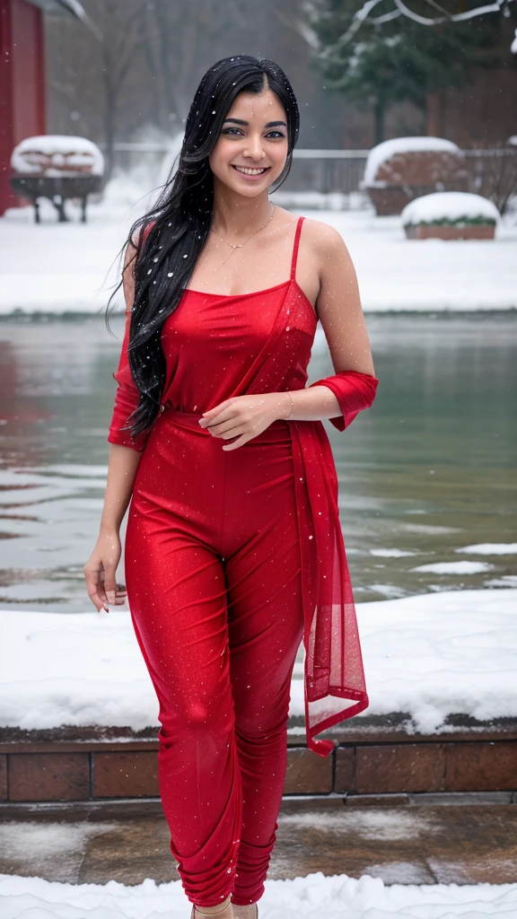 Indian girl in wet red salwar, snowfall, smiling face, Visible leg, realistic, 4k