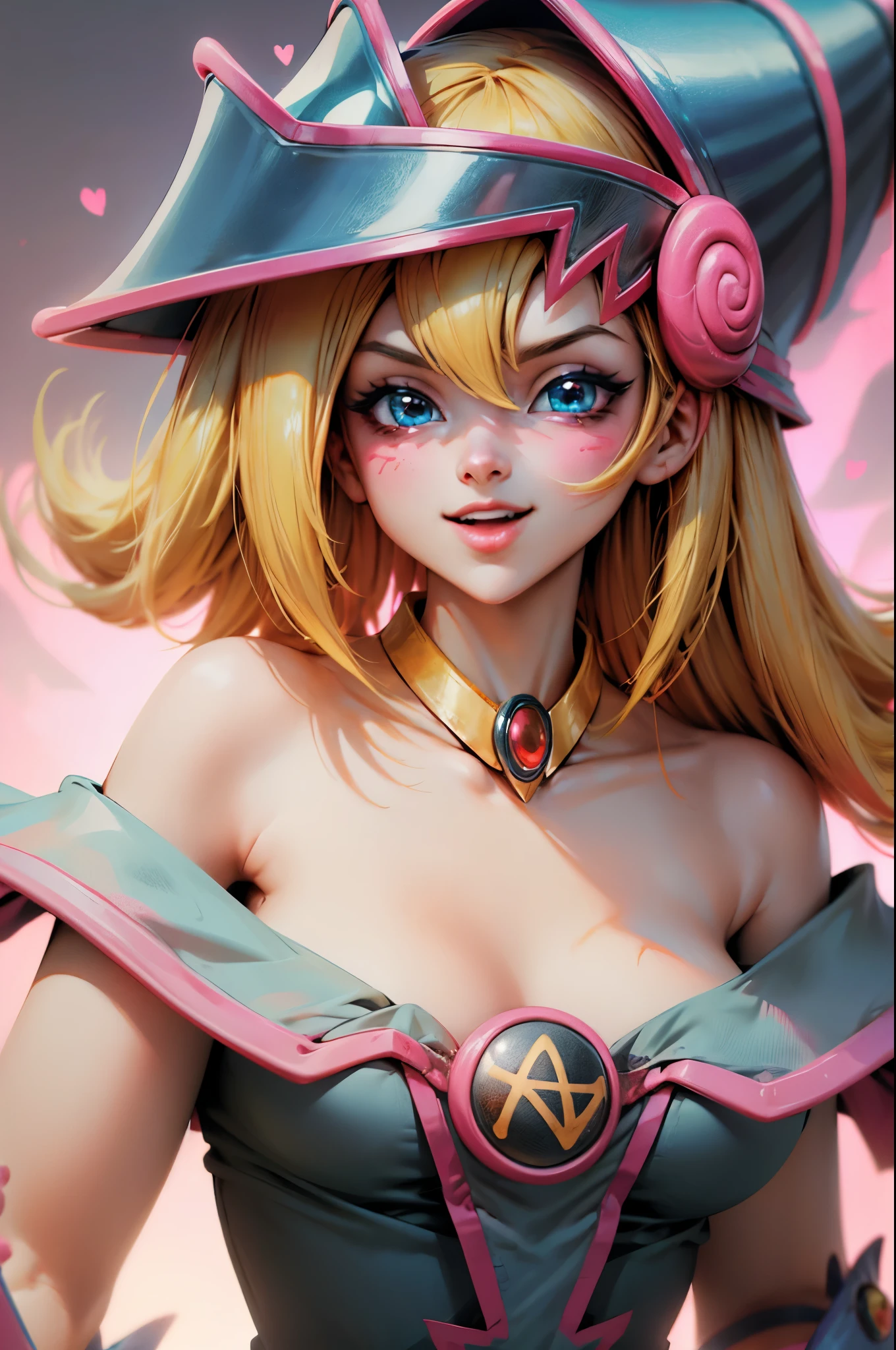 Create the beautiful face of dark magician gils. blue eyes. pink lips. white tea. blond hair. girl smile. Uncovered shoulders. Necklace on the neck. dark wizard gils face. His hands make the sign of peace and love. Peace and love in your hands. 