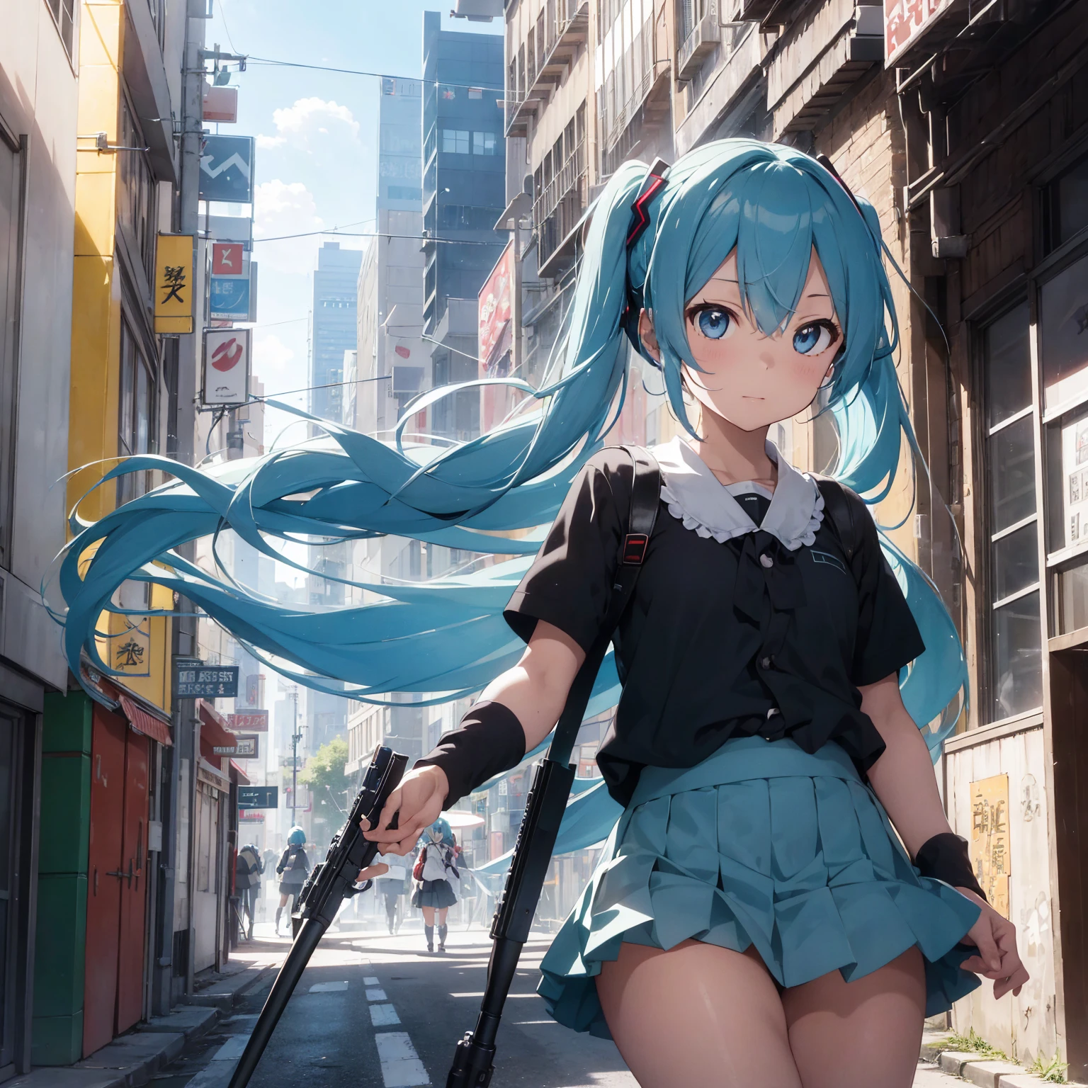 Hatsune Miku, masterpiece, Highest quality, Lens flare, Depth of written boundary, (close: 1.3), (Wide Shot, Fisheye Lens: 0.85), Face Focus, Hatsune Miku, Small faces scattered, gunを構えるポーズ, Open neck blouse, Pleated skirt, (Have a weapon, Hold the rifle, aim, aim:1.2), gun, H&Ｋhk416, carbine, fire, Firing, sunny, blue sky, battlefield, Urban Warfare, road signs, Skyscraper,