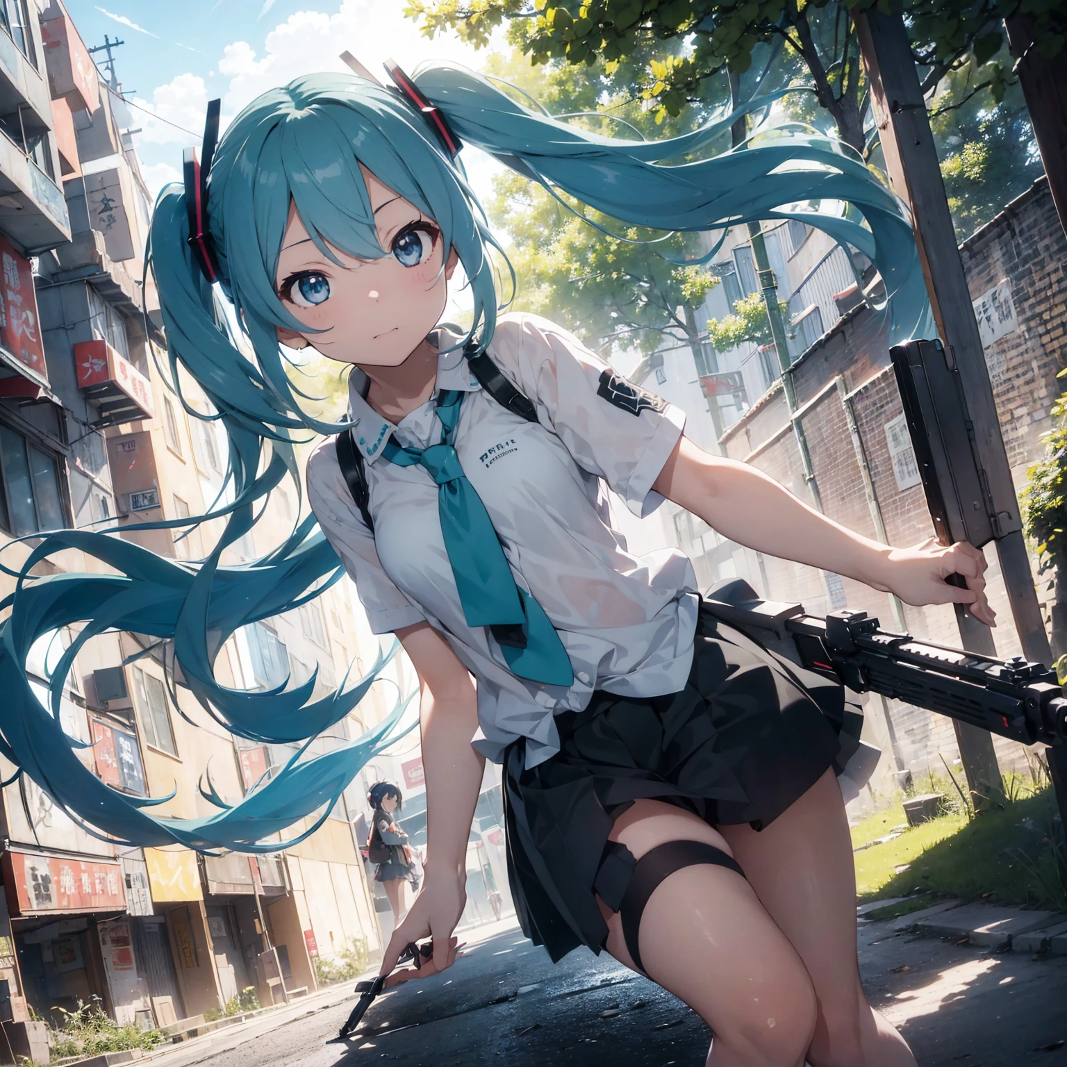 Hatsune Miku, masterpiece, Highest quality, Lens flare, Depth of written boundary, (close: 1.3), (Wide Shot, Fisheye Lens: 0.85), Face Focus, Hatsune Miku, Small faces scattered, gunを構えるポーズ, Open neck blouse, Pleated skirt, (Have a weapon, Hold the rifle, aim, aim:1.2), gun, H&Ｋhk416, carbine, fire, Firing, sunny, blue sky, battlefield, Urban Warfare, road signs, Skyscraper,