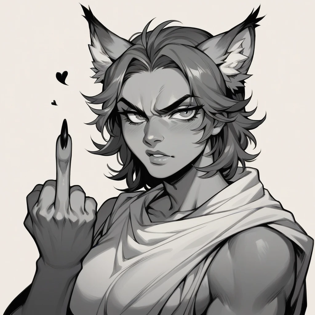 I want a personal photo of a beautiful cat, very attractive, majestic, and a warrior making a fuck gesture with her middle finger, in high quality, in black and white.