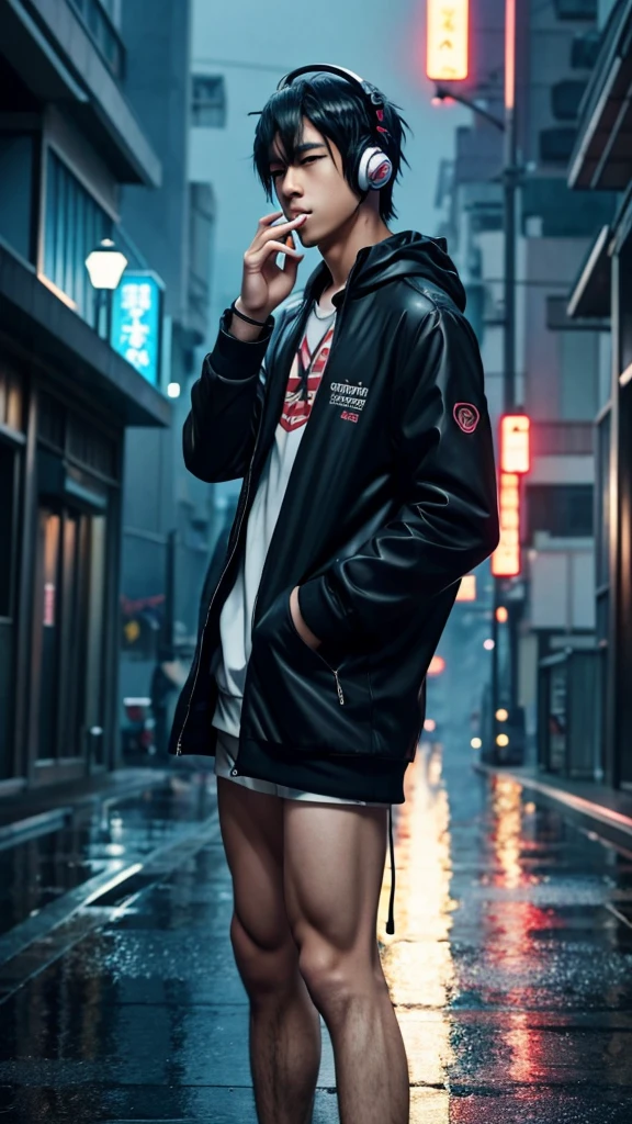 anime guy with headphones smoking a cigarette in the rain, an anime drawing inspired by Yamagata Hiro, trending on pixiv, serial art, artwork in the style of guweiz, anime style 4 k, young anime man, anime boy, with headphones, 4k anime wallpaper, modern anime style, guweiz, anime aesthetic, anime wallpaper 4k