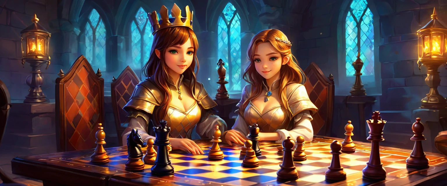 digital painting, Chess board, magic board, chess, игра в chess, милые chess, магические chess, mmorpg, cool colors, cute style, medieval game, glowing effects in the background, glow effects, colorful, No characters, no characters, cute style, anime style