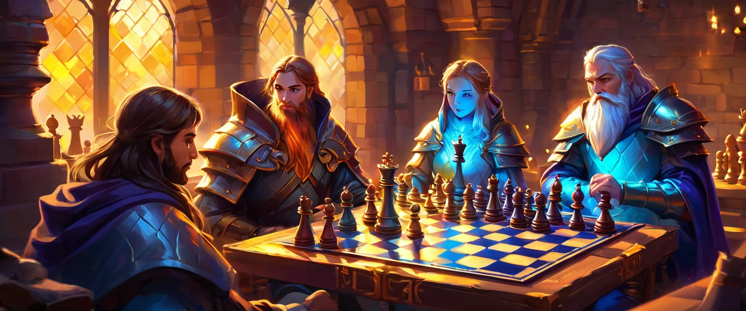 digital painting, Chess board, magic board, chess, игра в chess, милые chess, магические chess, mmorpg, cool colors, cute style, medieval game, glowing effects in the background, glow effects, colorful, No characters, no characters, cute style, anime style