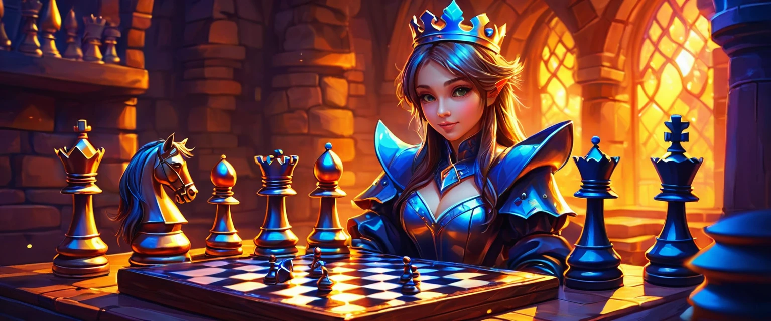 digital painting, Chess board, magic board, chess, игра в chess, милые chess, магические chess, mmorpg, cool colors, cute style, medieval game, glowing effects in the background, glow effects, colorful, No characters, no characters, cute style, anime style
