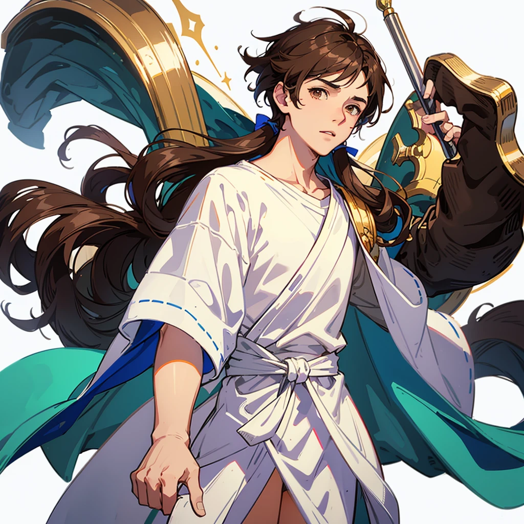 (((1male))), half body, facing viewer, short light brown hair, brown eyes, cute, pretty, white Greek tunic, small penis,