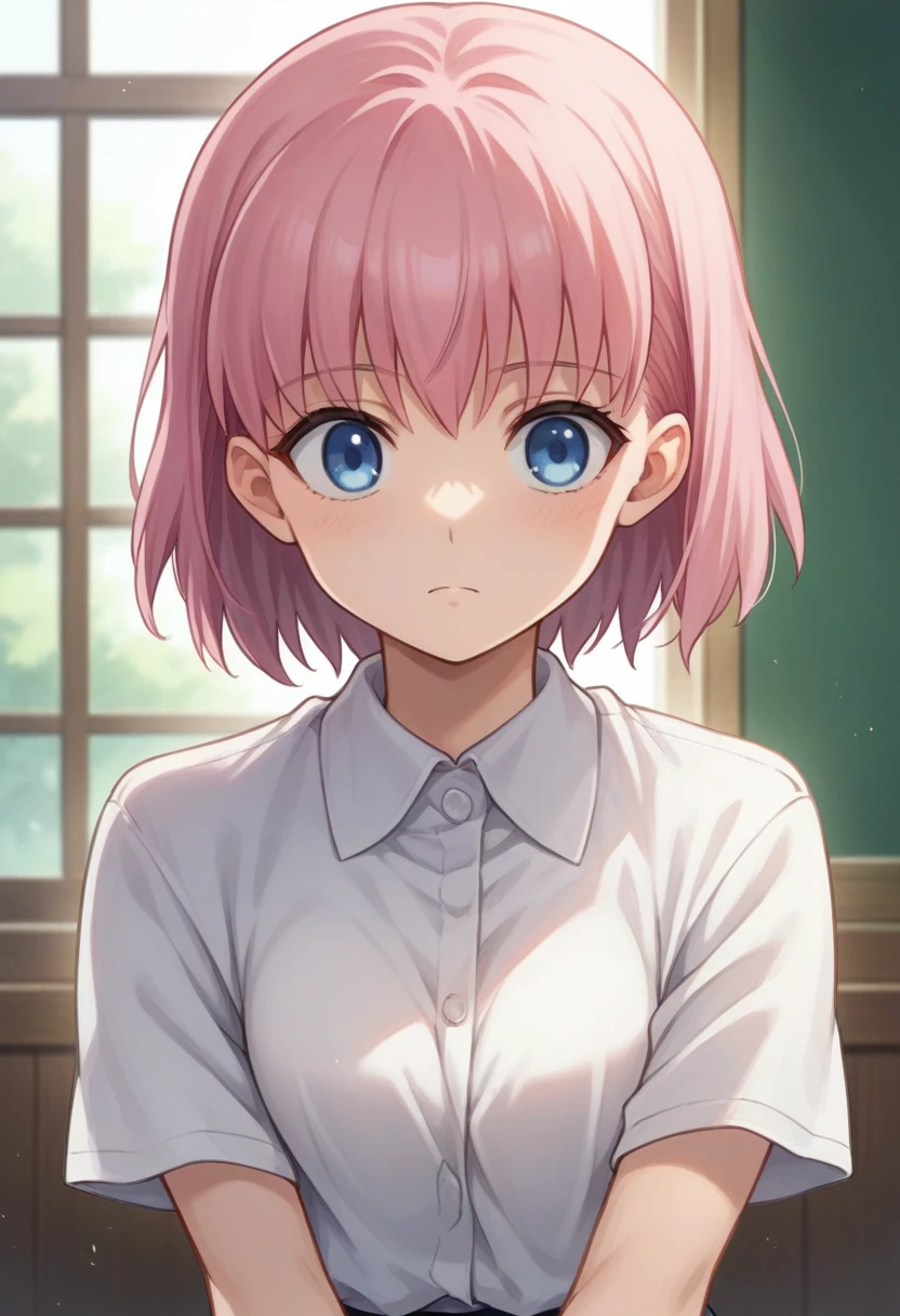 anime girl with pink hair and blue eyes wearing a white shirt, anime girl named shikimori, as an anime character, anime visual of a cute girl, young anime girl, reisen udongein inaba, anime character, anime best girl, anime style like fate/stay night, female anime character, beautiful anime high school girl, in an anime