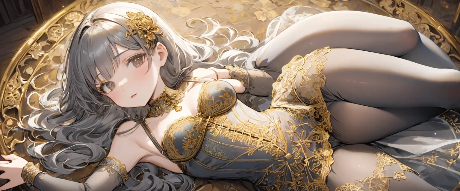 Girls in the Middle Ages、 Gold and silver embroidery、In underwear、Knee-length semi-transparent bloomers（With gold and silver lace）Wearing、Wearing a semi-transparent corset、 Grey translucent tights、Lying down