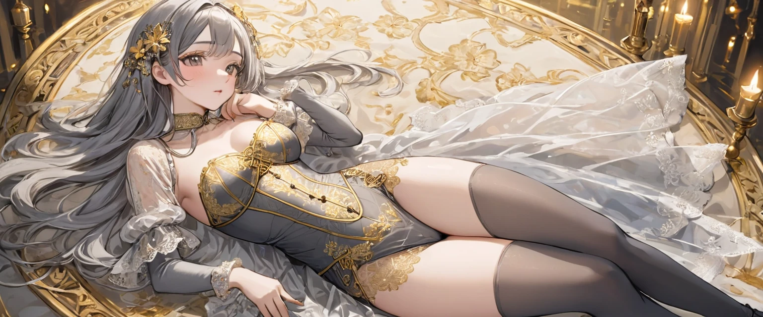 Girls in the Middle Ages、 Gold and silver embroidery、In underwear、Knee-length semi-transparent bloomers（With gold and silver lace）Wearing、Wearing a semi-transparent corset、 Grey translucent tights、Lying down