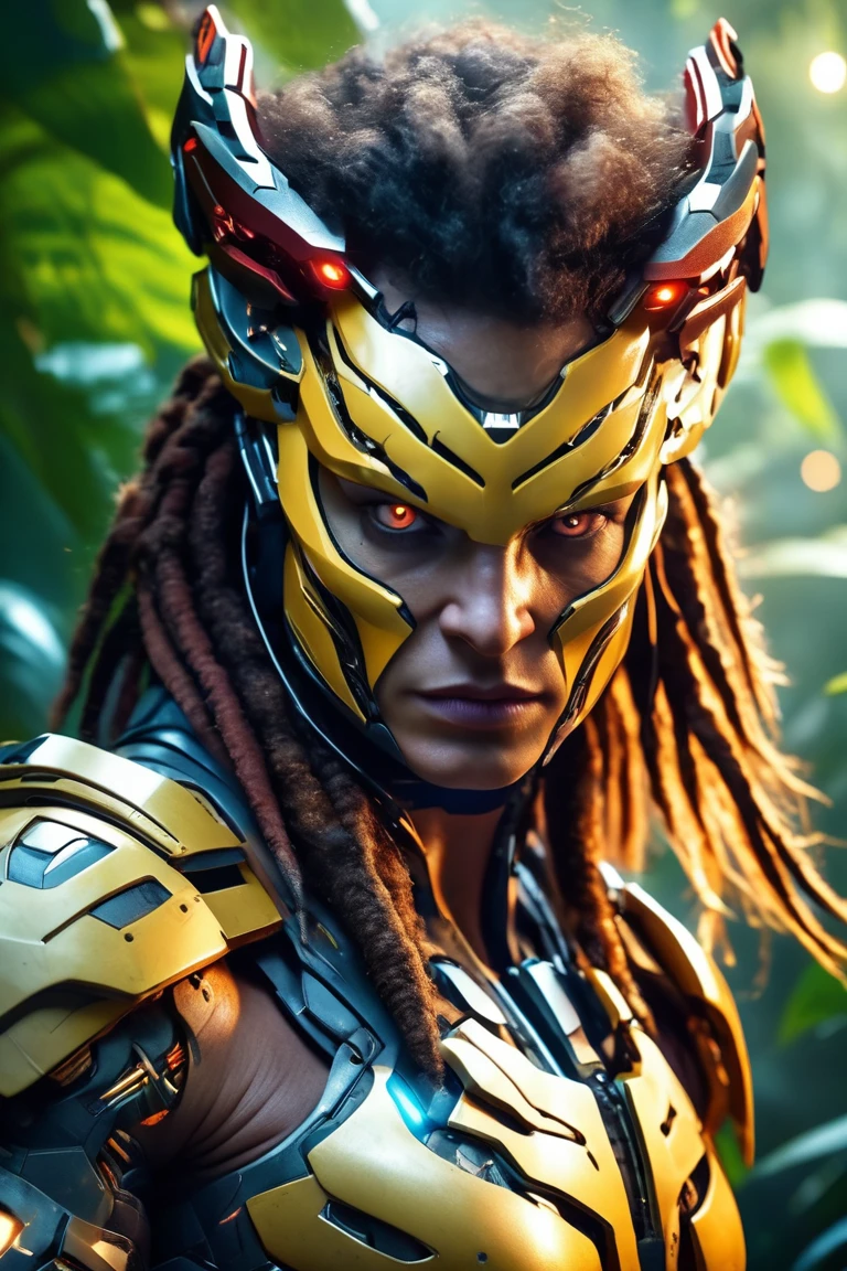(hyperreal:1.4),
(((full body shot:1.5))), RAW, emotional, dynamic, distortion for emotional effect, bright, use of unusual colors, Nice cinematography, (realistic, photo realistic:1.4),
Cyborg Predator, armed, jungle, Quiet Bay, superhero with magical powers, creating such elements, like fire and lightning, radiating an aura of mystery,
detailed eyes, detailed face, Detailed skin,