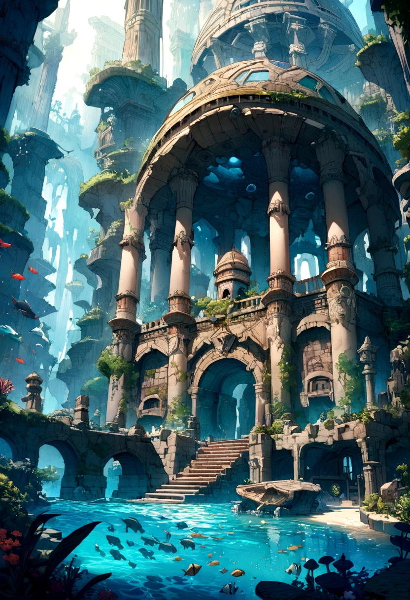 Underwater World Atlantis, deep sea, A magnificent reality, (High resolution: 1.4), Speckled sunlight, Cool colors, ancient ruins, A sea-style house with a sense of design, wonderful、can&#39;t believe it, A magnificent composition, (Intricate details), (Intricate details, Super detailed: 1.2), Art Station, (masterpiece, Highest quality)