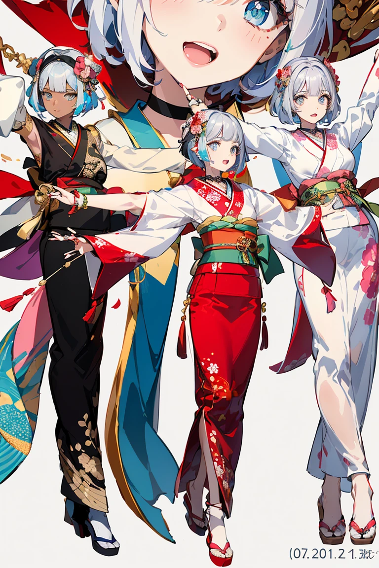 One Woman、Beautiful silver hair、((((Very short hair))))、French braids、skyblue eyes、Beautiful Eyes、(hair band)、(((Blunt bangs))), ((Medium Chest)), 24-years-old、 (((dark skin))), Tight waist, ((Spread arms to your audience:2.0)),Glossy pink lips,night,rooftop,Festive decorations,You can see the ocean, firework,Laughing with your mouth open,Glossy pink lips,Facial lighting, so beautiful,up to date, (Pink long nails),(ring),(bracelet),(choker),((fine grain、Colorful eyes、Shining Eyes:1.3)),(Squint your eyes:1.1),Colorful kimono with gold embroidery, (Pink long-sleeved kimono),Red floral pattern,Long flower hair ornament,(Zoom in on face:1.6),Shooting from an angle
