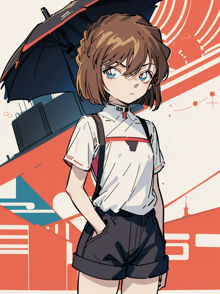 anime style, (1girl in, Solo:1.0), (Haibara Ai), ((Short pants)), (((Big eyes))), (Cute anime girl head), (flat chest),looking at viewer,With a height of 100cm, shoot from front, (head shot), Simple line minimalism, Abstract Art, City background, anime opening movie