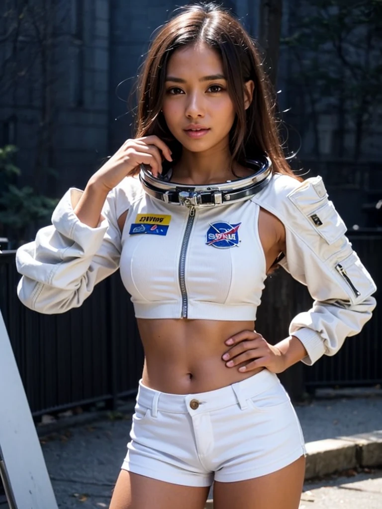 (smile)、(((Staring at the audience)))、((Wearing a space suit standing on the moon)),((White bikini shorts))、(((Spacewalk)))、wear spacesuits, 白いDressed in an astronaut costume, Cute girl in a tank top, girl in space, In space, (((Dressed in an astronaut costume))), woman astronaut, ((Open stance on the moon))、((Sexy young woman's body:1.4))、(dance)、Large bust、