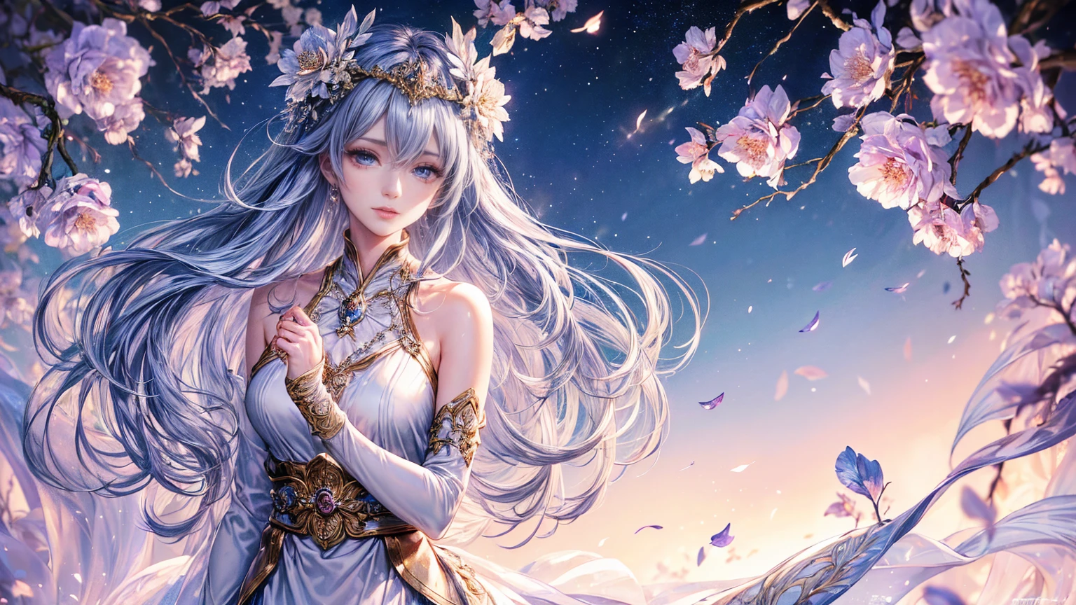 (Highest quality, 8K, CG, Beautiful and exquisite upper body,Fire Emblem: Genealogy of the Holy War,Deirdre, Delicate face,Purplish silver hair,Wavy Hair, Gradient Hair, Wearing a circlet, Floral Background, Purple eyes, Almond Eye, Exquisite eye makeup, 長さ eyelashes fluttering, Starry Sky, Delicate lip detail, Soft and harmonious style),Exposed shoulders, bracelet,gem,Elemental Sylph, Suspended particles, Mysterious Mechanics,Dynamic pose,holding a jewel in hand