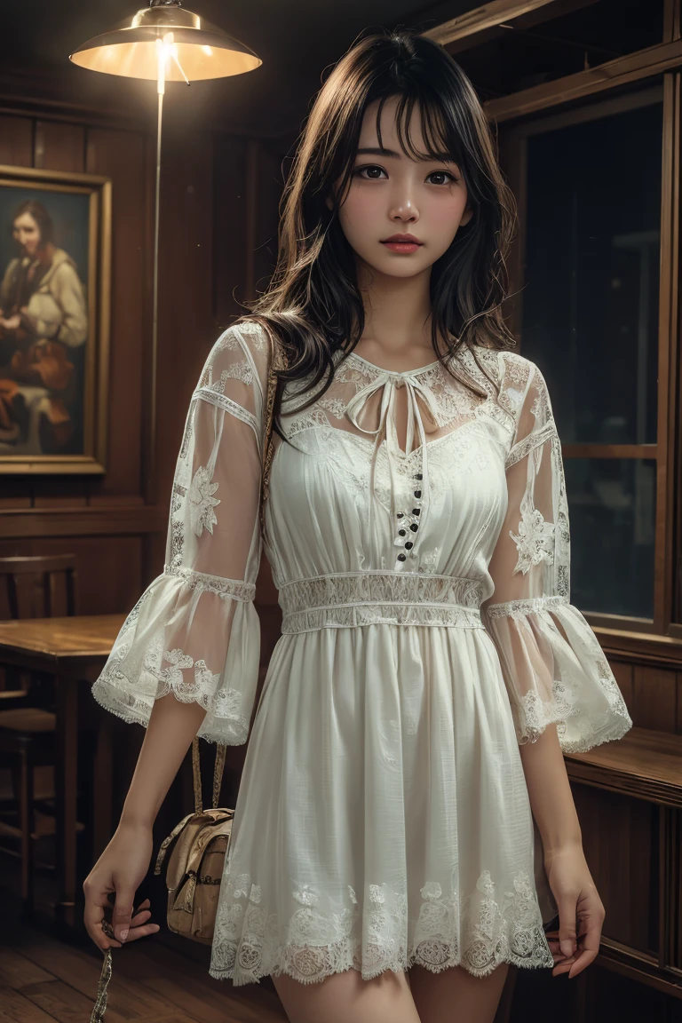 (Highest quality:1.4),(masterpiece:1.4),(Realistic:1.4),(Realistic:1.2),(超High resolution, RAW Photos:1.4),(High resolution, Ultra-detailed:1.2),(8K:1.2),View your viewers,Cinematic photography,a photo of a dark-haired,One girl,alone,((Lace dress,View from the front)),skeletally correct,（Western-style building interior，Dimly lit room，The lamplight shines on my cheeks）