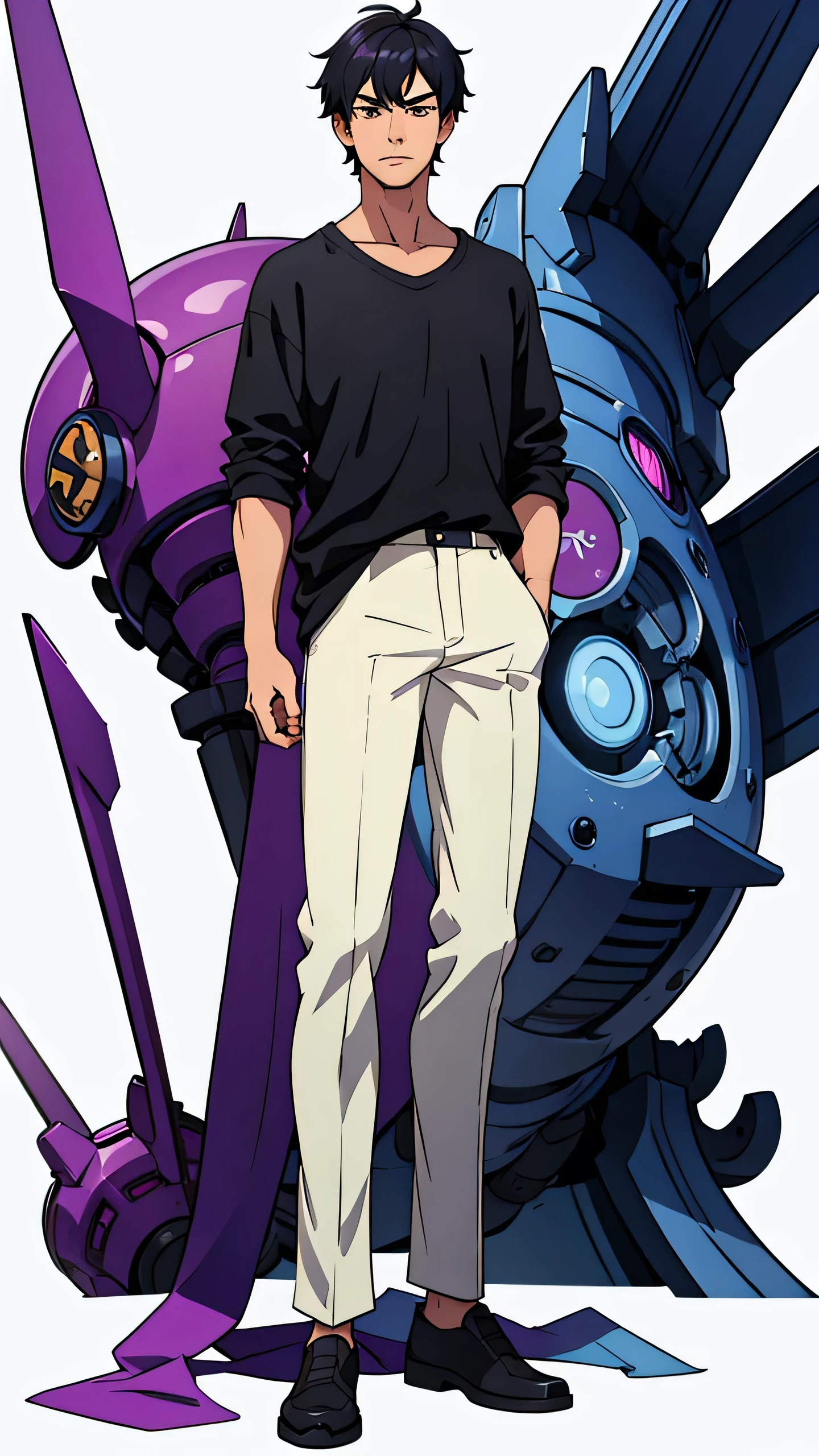 anime, anime style art, masterpiece, best quality, highres, 1 man, Baro Shoei blue lock, , normal clothing, black shirt, white pants, black hair, short hair, extremely short hair, teenager, light background, full body, teenager, colorful parts, bold, realistic mixing dark lines and loose lines, bold lines, on paper, human man, purple eyes, full body, imposing pose, very tall, standing, male, sharp chin, wide jaw, white background, purple eyes, muscular, broad shoulders, front view, standing straight, facing towards, looking straight, looking forward, full face, masculine, oval face, calm, humble, man, male, masculine, full body, clear face, detailed face, full body, 1 person, 1 entity, 1 human