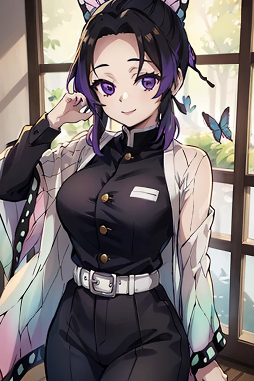 1 girl, alone, shinobu kochou, multicolored hair, no bangs, hair clips, purple eyes, forehead, black shirt, neckline, black pants, haori, butterfly, buttons, belt, Japanese mansion, ((best quality)), ((very detailed)), masterpiece, absurdities, (detailed eyes, deep eyes), detailed pupils, 1 woman, (happy:1.1), (smile:1.2), looking at viewer, head on, pov (from below) ,bright face, sexy body, big breasts, narrow waist, medium hips, wide thighs, perfect hands, perfect anatomy