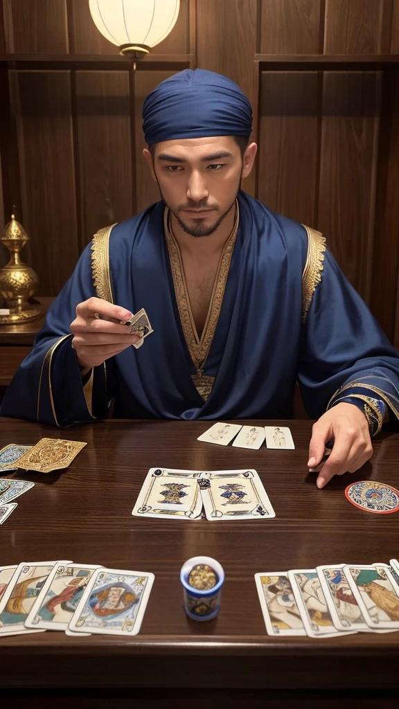 A very handsome male fortune teller is reading tarot cards。There are three cards face down on the desk.。The man is facing forward、Desk also in front。On the table are only three tarot cards, evenly spaced.