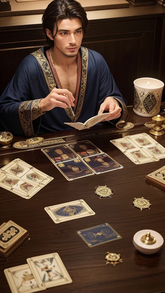 A very handsome male fortune teller is reading tarot cards。There are three cards face down on the desk.。The man is facing forward、Desk also in front。On the table are only three tarot cards, evenly spaced.