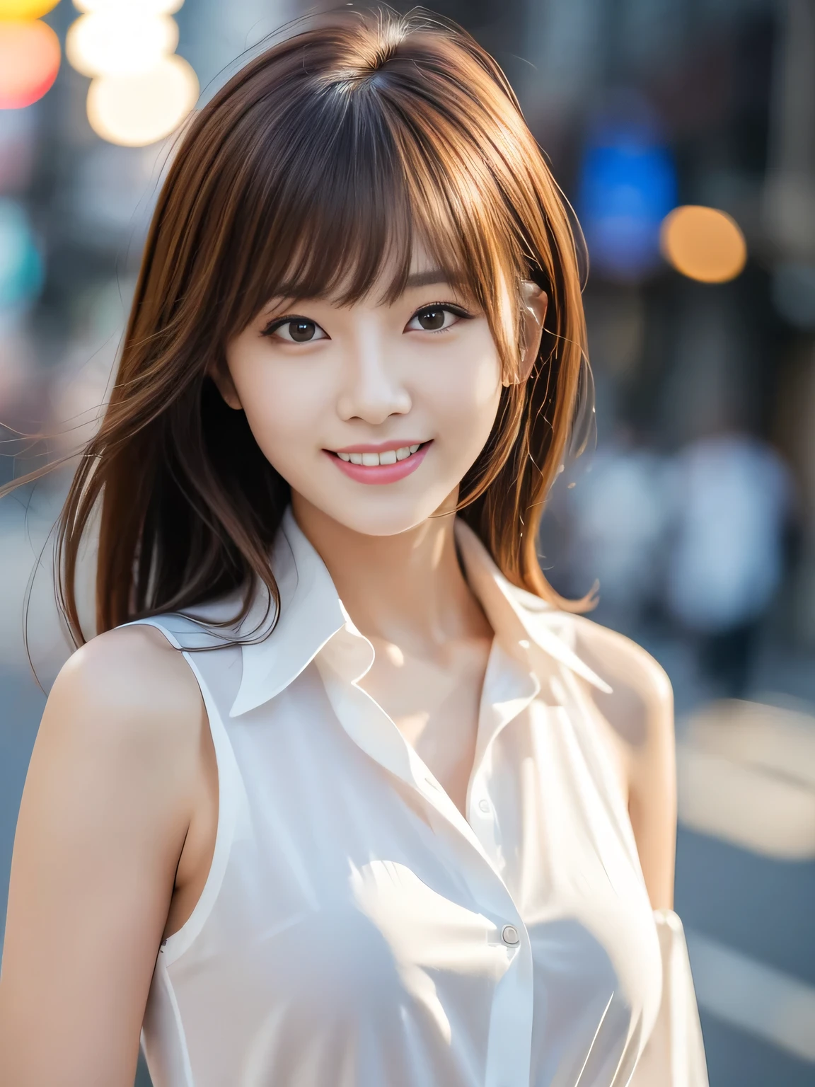 Ultra High Definition, Superior Quality, Premier Quality, ultra detailed, Photorealistic, 8k, RAW Photos, highest quality, masterpiece, Attractive woman, Stunning woman, Sexy, Brown Hair, Shoulder Length Layered, asymmetrical bangs, Korean Female Model, Sophisticated, Stylish, Formal shirt, Shibuya, (seductive smile),