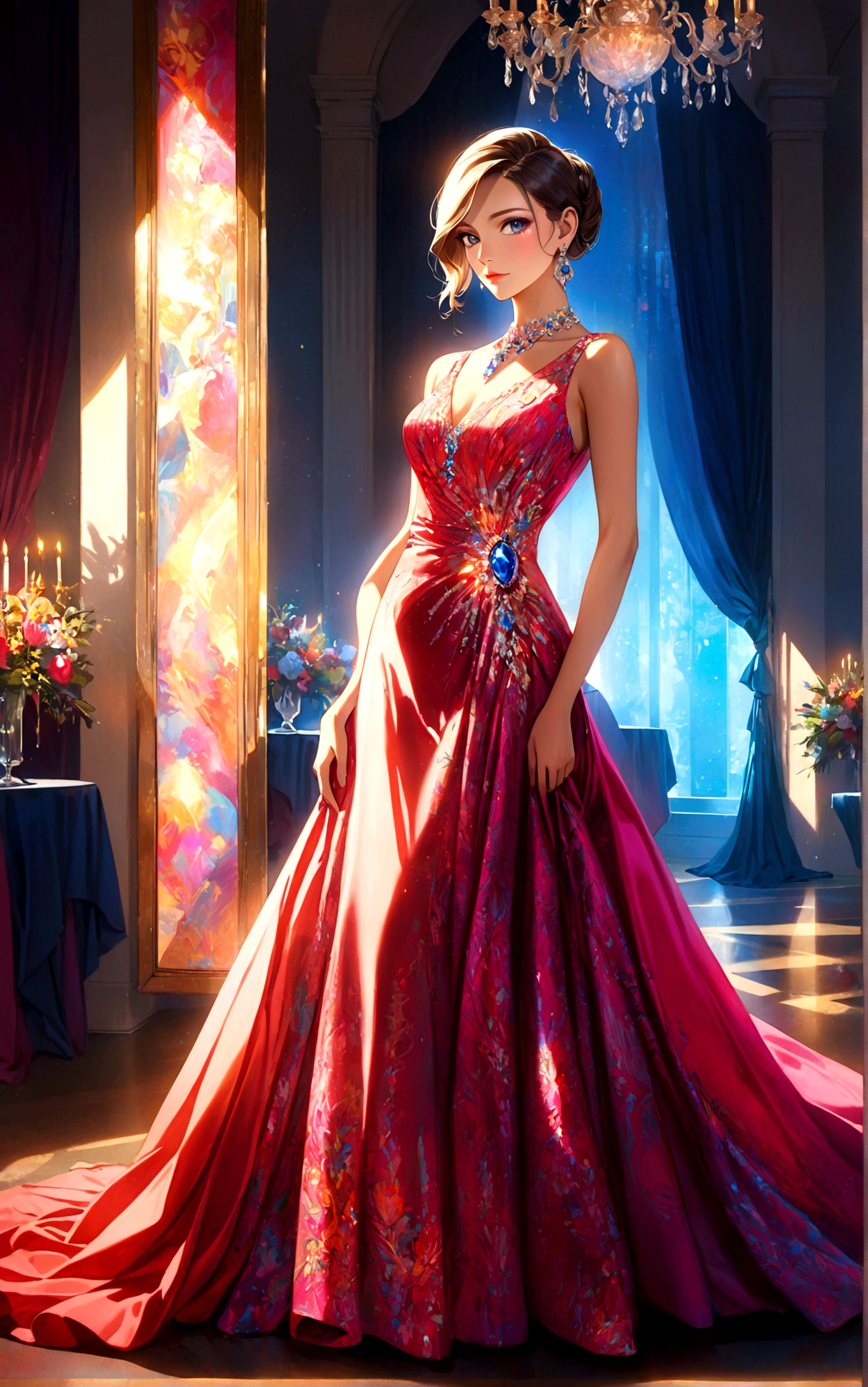 An elegant woman in a glamorous evening gown with a floor-length train, adorned with exquisite jewelry, wearing elaborate makeup, attending a high-end banquet. The setting is illuminated with radiant lights, creating a dazzling interplay of light and shadow. Medium: portrait painting, HDR, ultra-detailed, realistic. Art style: portraits. Color palette: vibrant colors, jewel tones. Lighting: sophisticated lighting design.