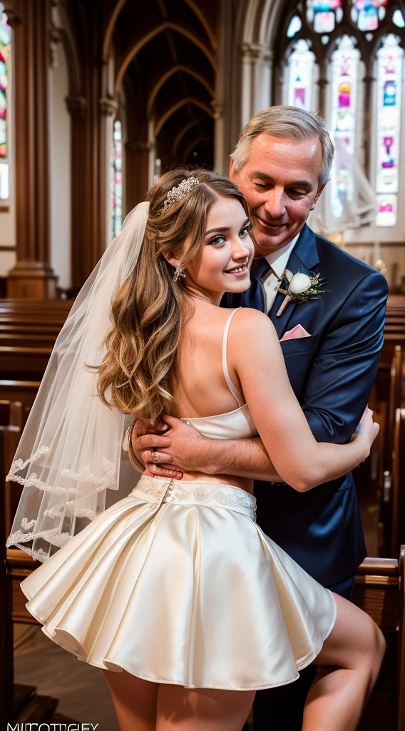 (Father-daughter marriage scene:1.9)), (one ultra sexual sexy angelic horny incredibly gorgeous supermodel daughter bride embracing her father:1.7), high quality fingers, high quality hands, detailed fingers, masterpiece, (she is wearing an ultra sexy tight micro-mini bridal skirt:1.7), (realistic, photo-realistic:1.37), (full body:1.5), (masterpiece), best quality, ultra beautiful woman, (thin slender legs:1.5), FF cupped breasts, deep cleavage:1.5, thin waist, perfect teeth, blonde hair, bright blue eyes, cute round ass, with a fun quirky smile, unbuttoned blouse, inside a church getting married to her father , view from front